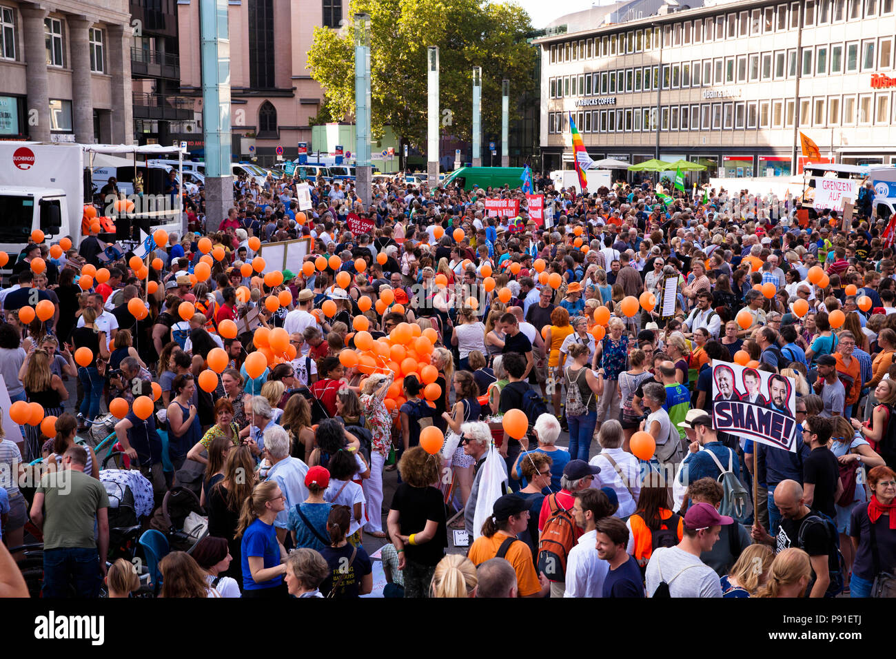Cologne, Germany, 13 July 2018. Several thousand people demonstrate on July 13, 2018 in Cologne for the rescue of refugees from the Mediterranean Sea. Under the motto 'Stop dying in the Mediterranean', a coalition of initiatives, political groups and private individuals wants to send a signal for humanity. Cologne, Germany.   Credit: Joern Sackermann/Alamy Live News Stock Photo
