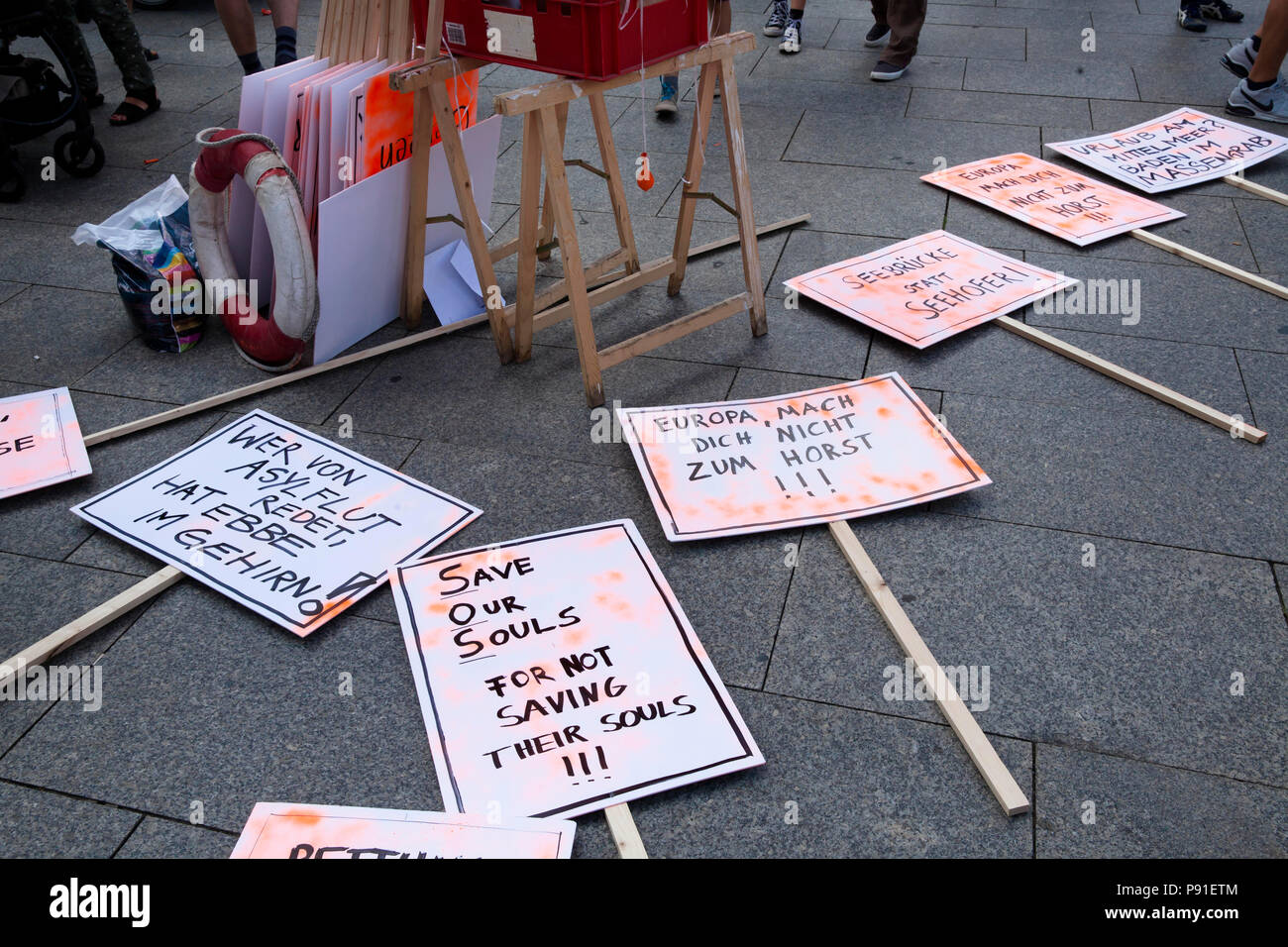 Cologne, Germany, 13 July 2018. Several thousand people demonstrate on July 13, 2018 in Cologne for the rescue of refugees from the Mediterranean Sea. Under the motto 'Stop dying in the Mediterranean', a coalition of initiatives, political groups and private individuals wants to send a signal for humanity. Cologne, Germany.   Credit: Joern Sackermann/Alamy Live News Stock Photo