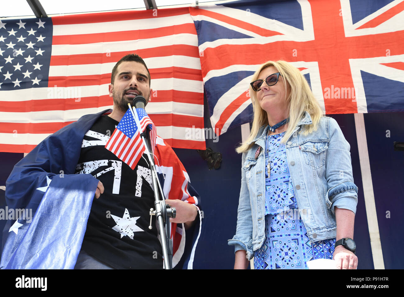 London, UK, 14 July 2018. Avi Yemini and Debbie Robinson, Australian  Liberty Alliance rally to Welcoming