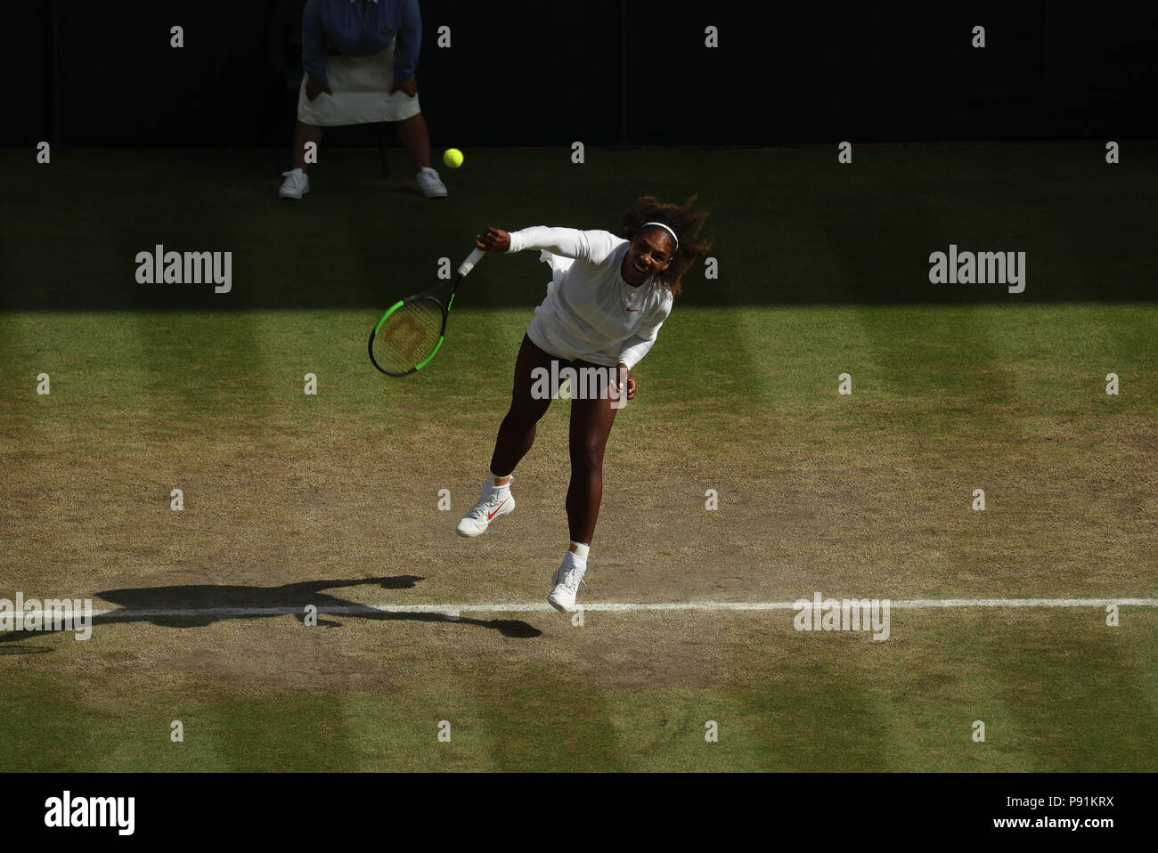 London, UK, London, UK. 14th July 2018. The Wimbledon Tennis Championships, Day 12; Womens Final, Serena Williams (USA) versus Angelique Kerber (DEU); Williams serving Credit: Action Plus Sports Images/Alamy Live News Credit: Action Plus Sports Images/Alamy Live News Credit: Action Plus Sports Images/Alamy Live News Stock Photo