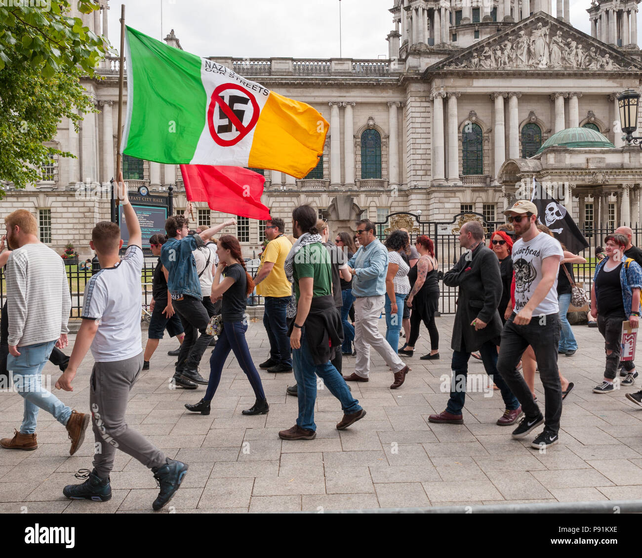 Belfast, Northern Ireland, U.K. 14 July 2018. U.K. Freedom Rally organised by Independent Belfast City Councillor Jolene Bunting held at the City Hall. The Rally had been advertised on social media and by a leaflet drop to address concerns: 'Immigration, suppression of Free-Speech, biased “Fake News” media, injustice & the Globalist/EU agenda'. There were two counter protests also held. Credit: John Rymer/Alamy Live News Stock Photo