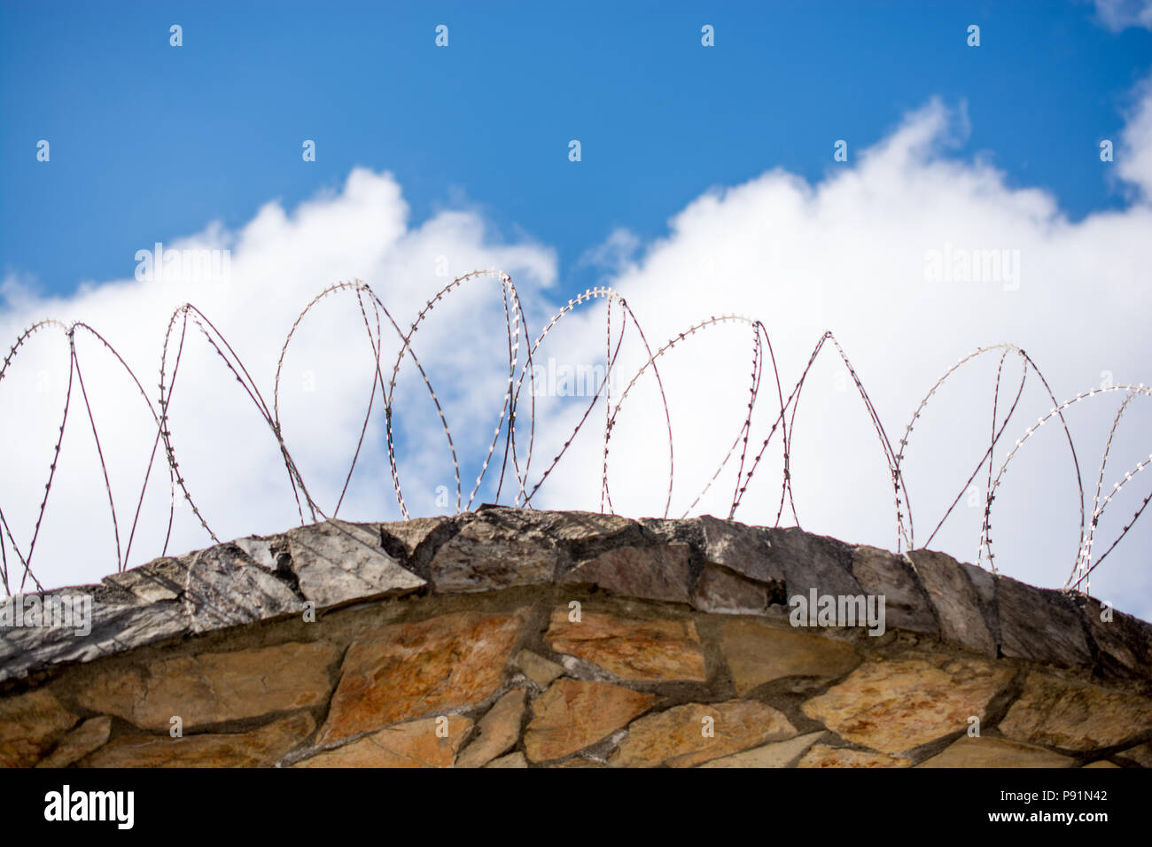 Coiled razor wire fence with a blue sky background Stock Photo - Alamy