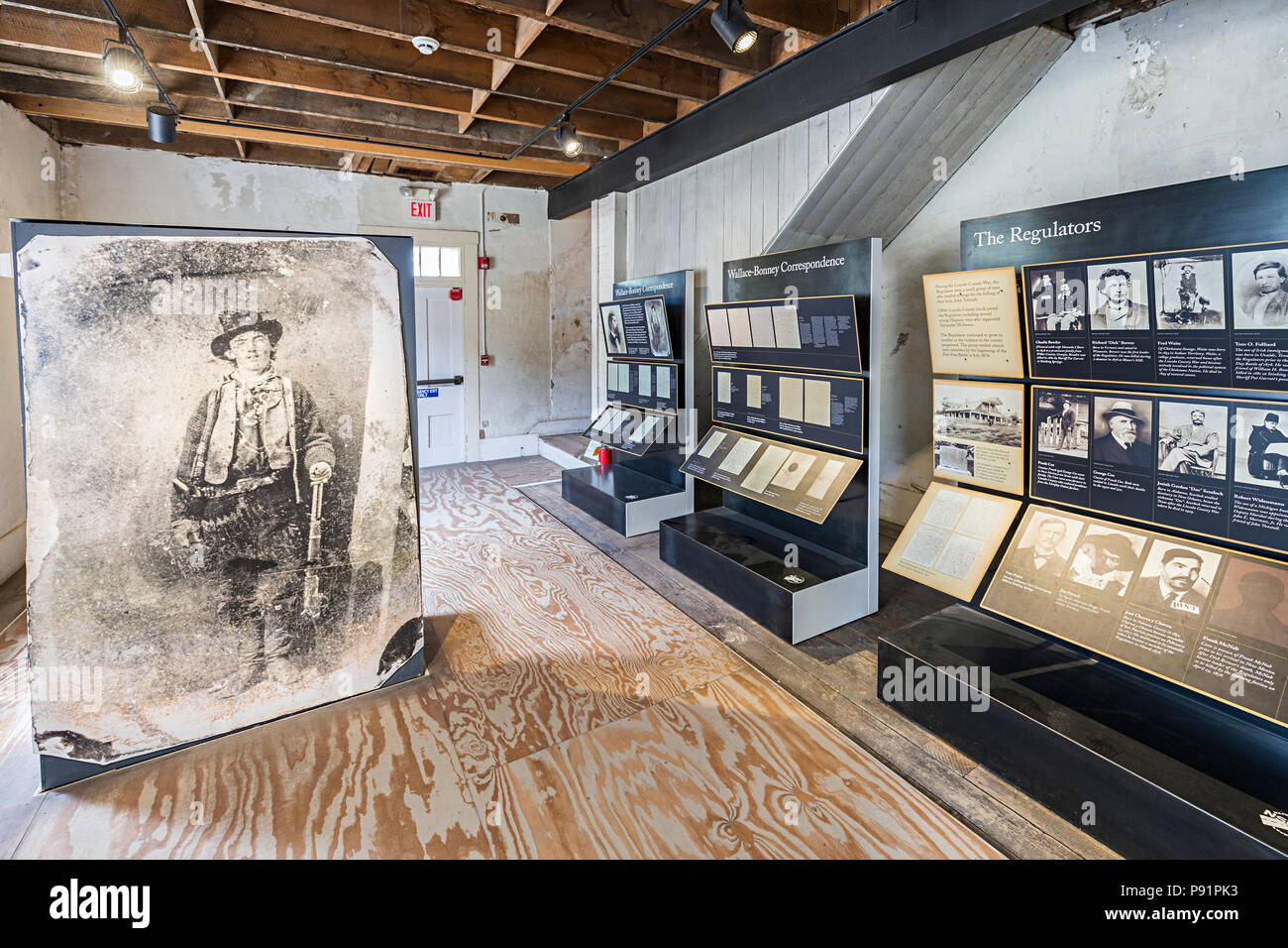 Museum display about Billy the Kid in the courthouse, Lincoln, New Mexico, USA Stock Photo