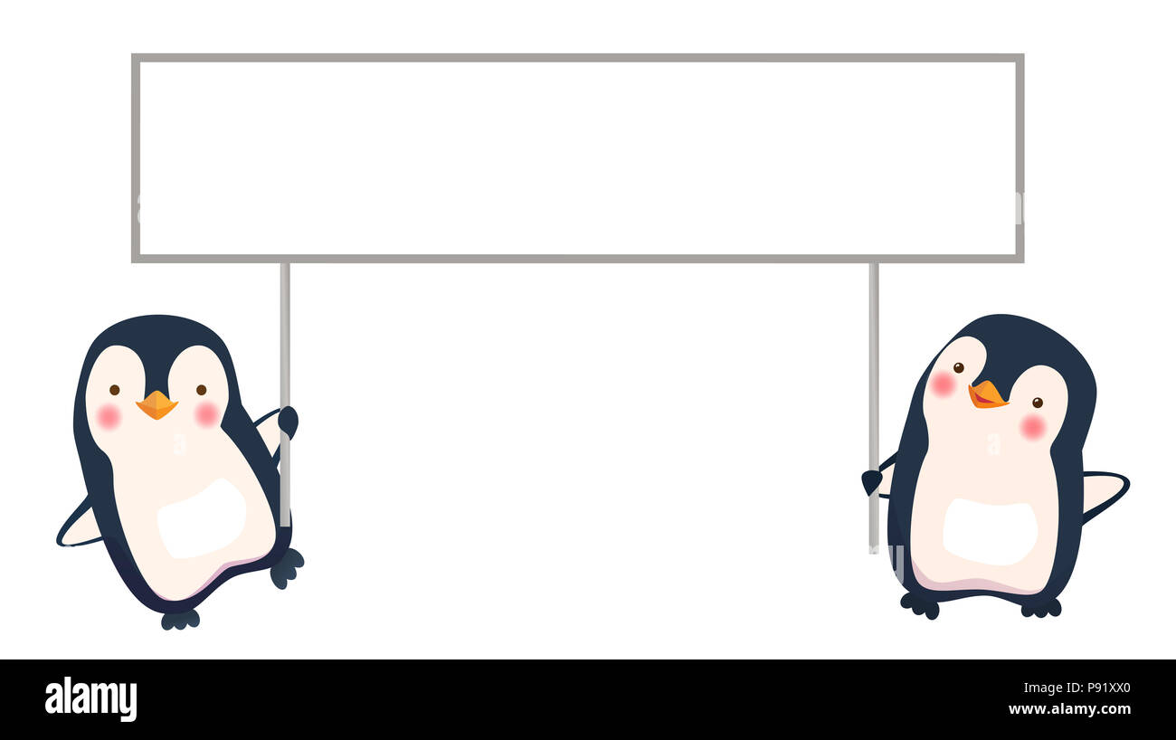Penguin Cartoon Illustration Two Penguins Holding Banner Stock