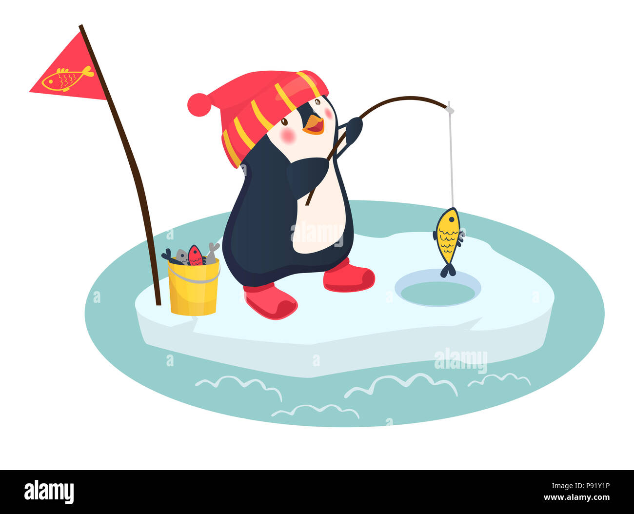 Penguin fisherman caught fish. Cartoon Fisherman and fish. Ice fishing illustration Stock Photo