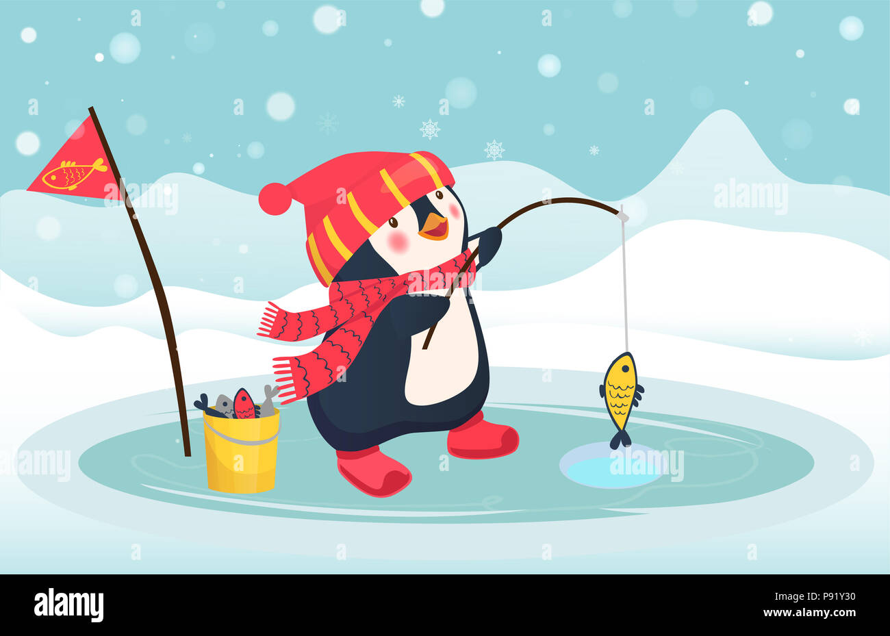 Penguin fisherman caught fish. Cartoon Fisherman and fish. Ice fishing  illustration Stock Photo - Alamy
