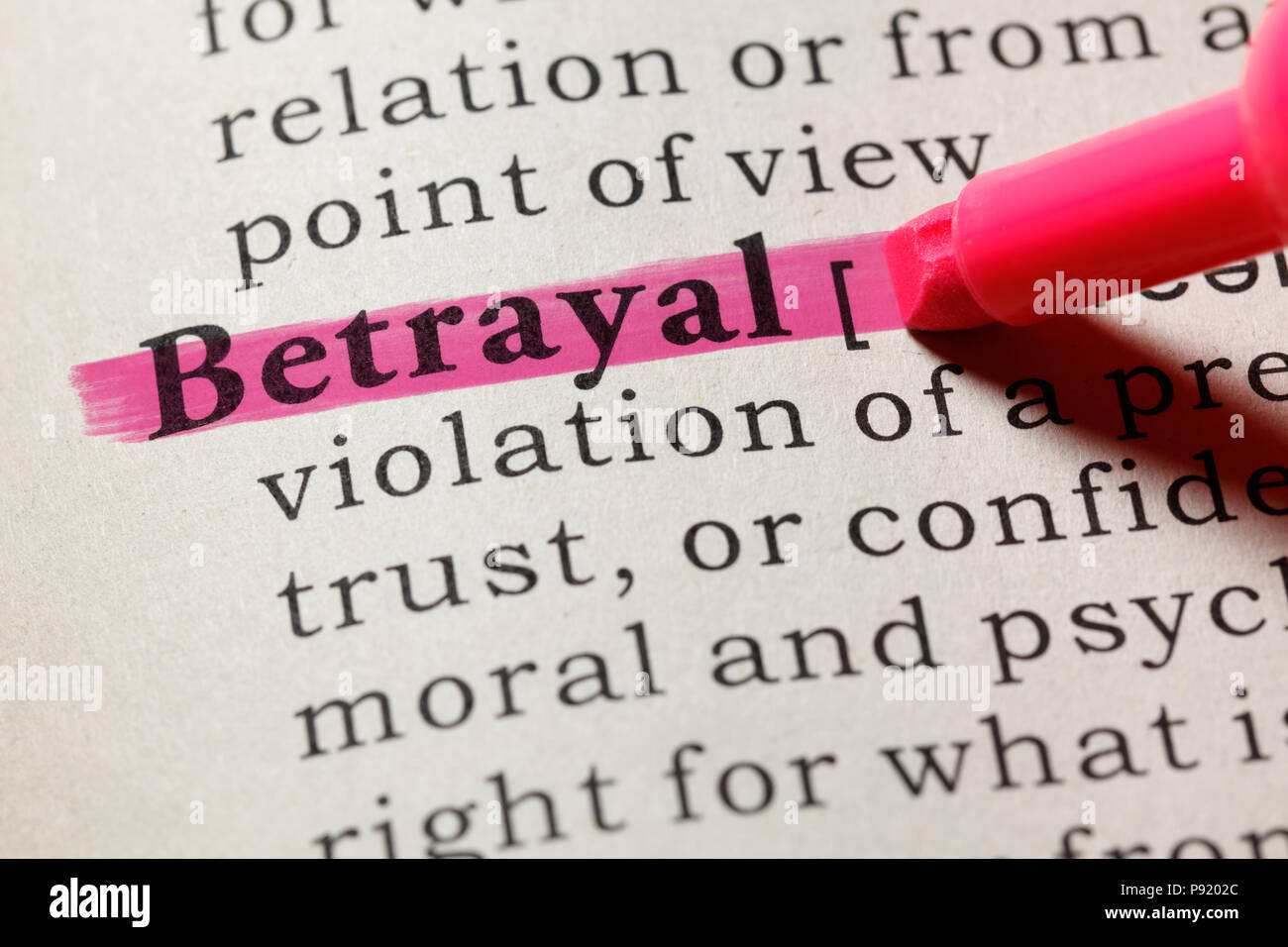 Fake Dictionary, Dictionary definition of the word betrayal. including key descriptive words. Stock Photo