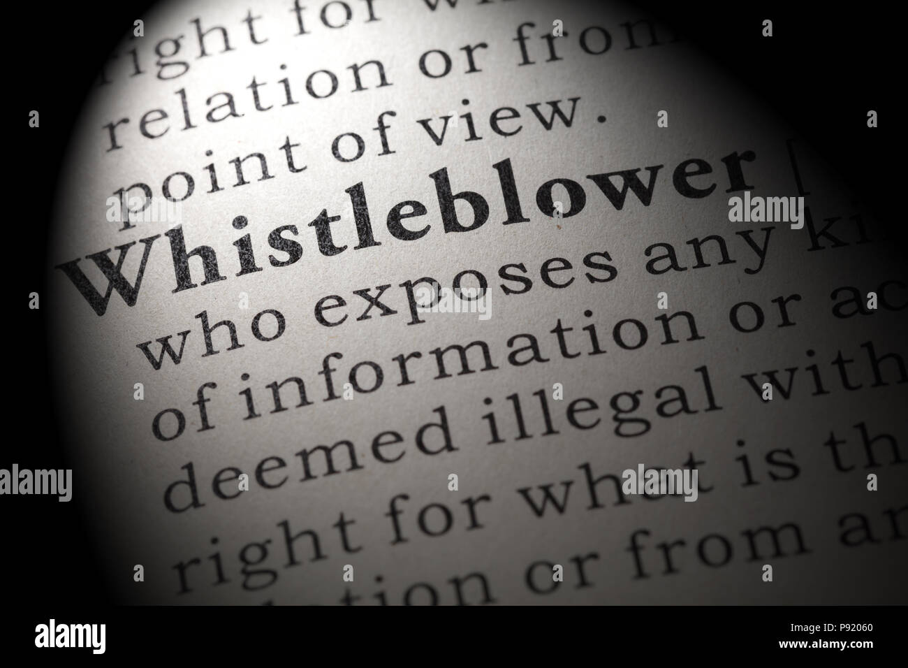 Fake Dictionary, Dictionary definition of the word whistleblower. including key descriptive words. Stock Photo