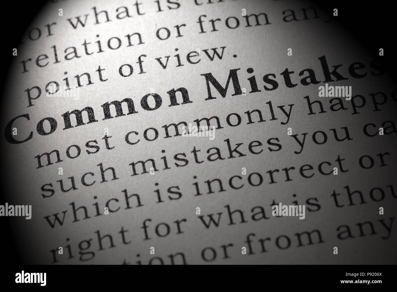 Fake Dictionary, Dictionary definition of the word  common mistakes. including key descriptive words. Stock Photo
