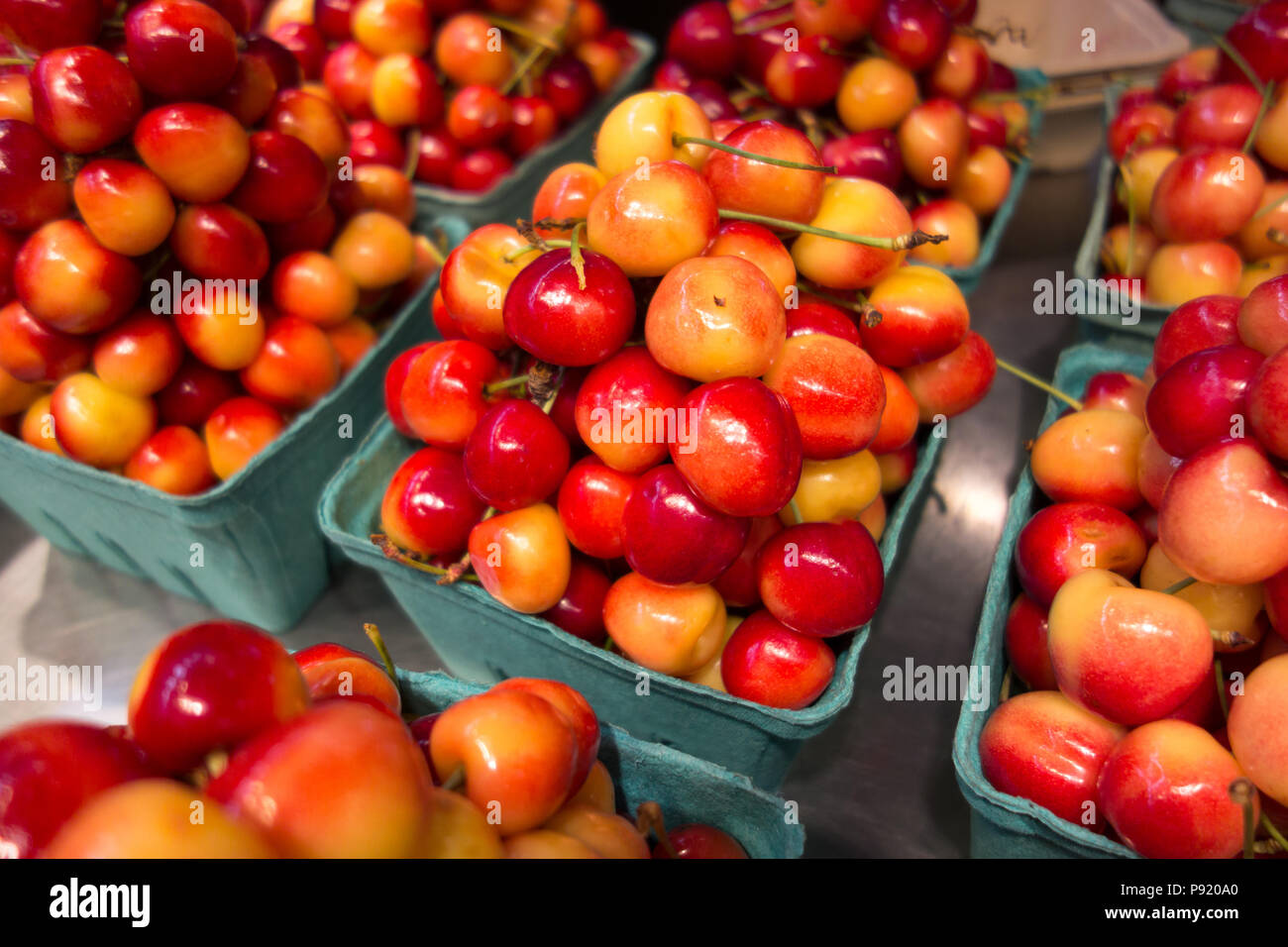 Fresh Red and Yellow Golden Cherries close up background Stock Photo ...