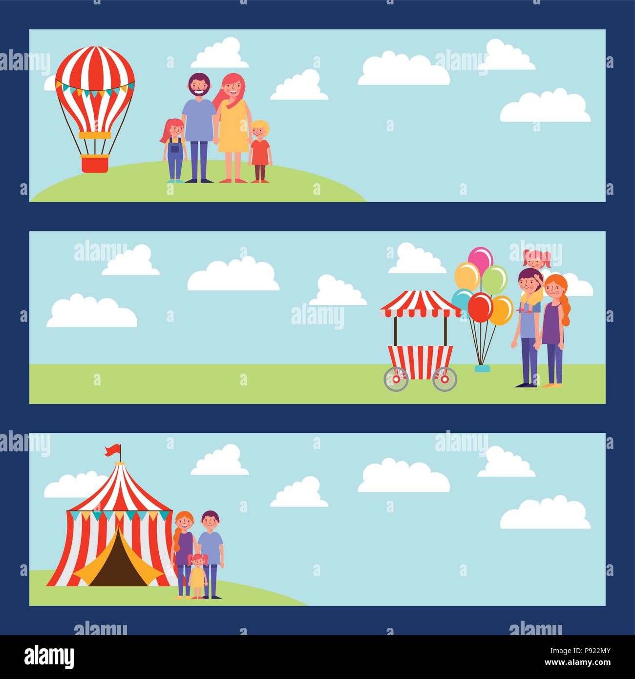 Banners Family With Hot Air Balloon Food Car Circus Fun Day Vector