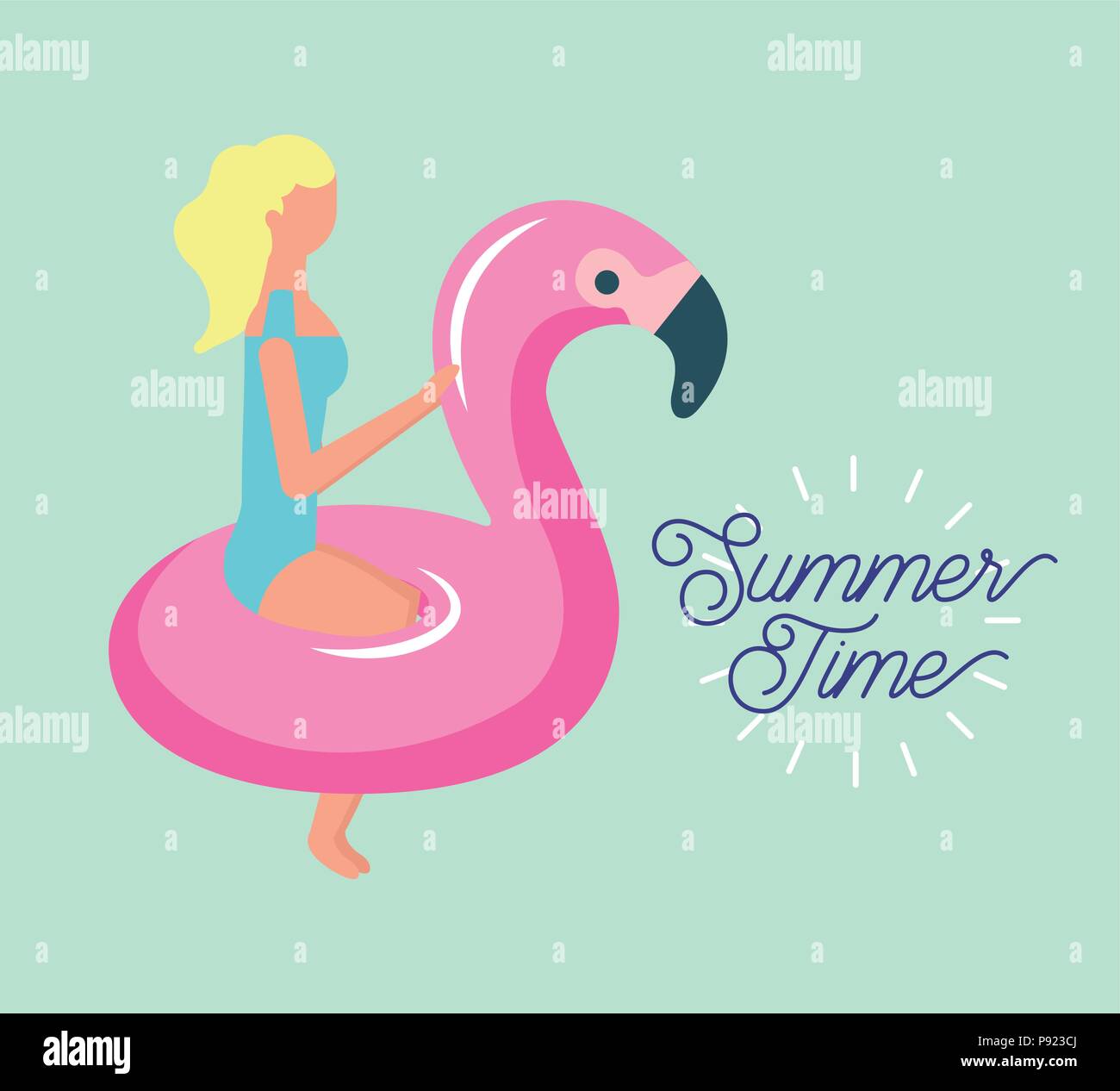 summer time vacation blonde girl with pink flamingo float vector ...