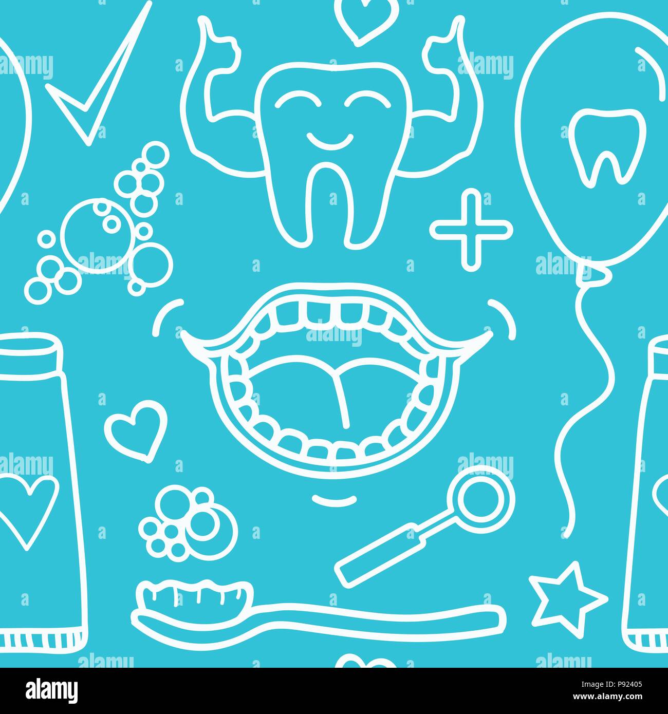 Vector Set Dental care symbols. Seamless pattern isolated on modern color background. Stock Vector