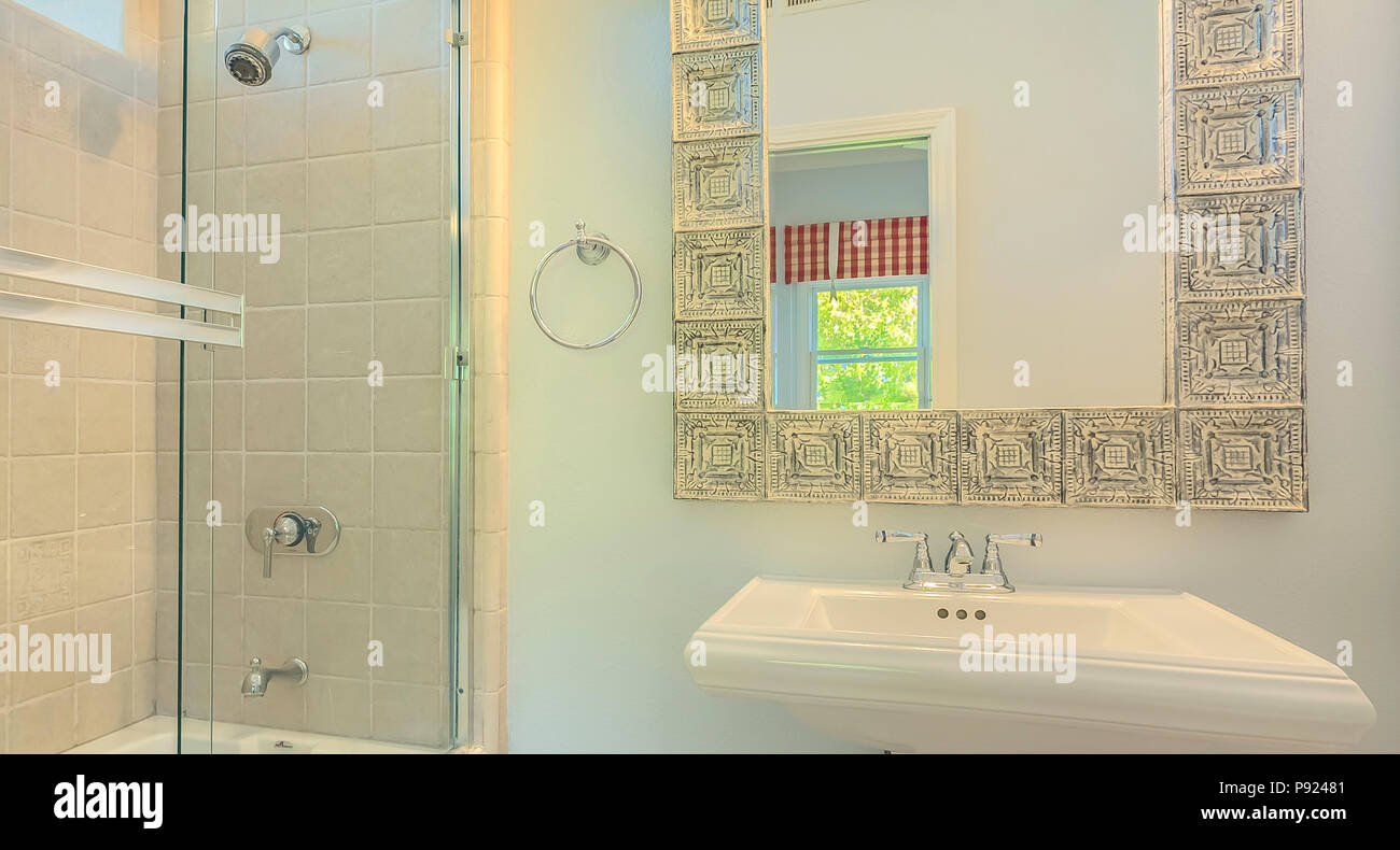 Sink With Mirror And Glass Shower Doors Stock Photo
