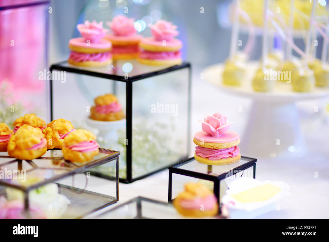 Beautiful desserts, sweets and candy table at wedding reception or