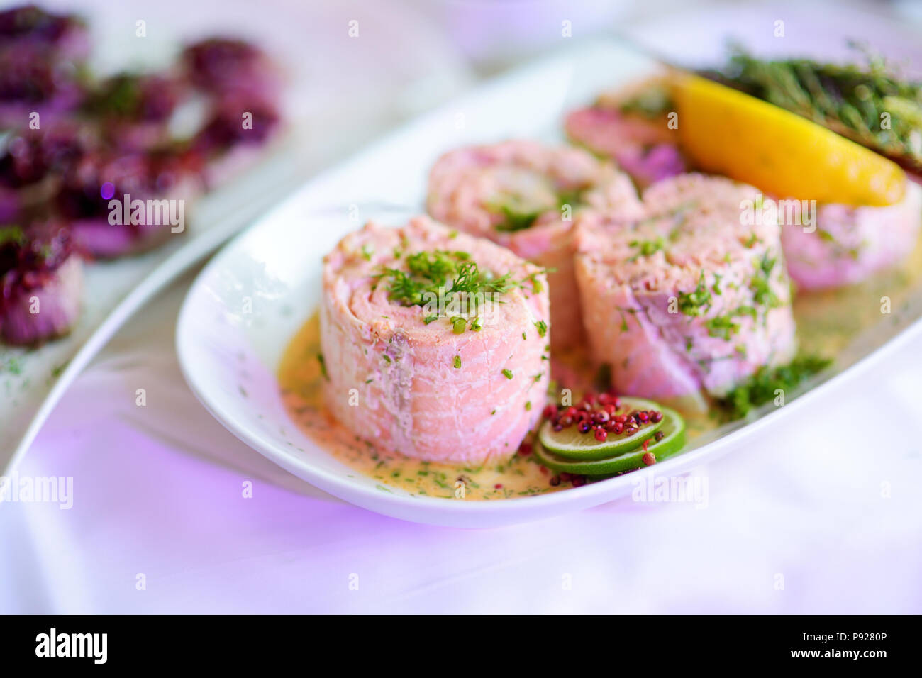 Delicious Fish Rolls With Vegetables Served On A Party Or Wedding