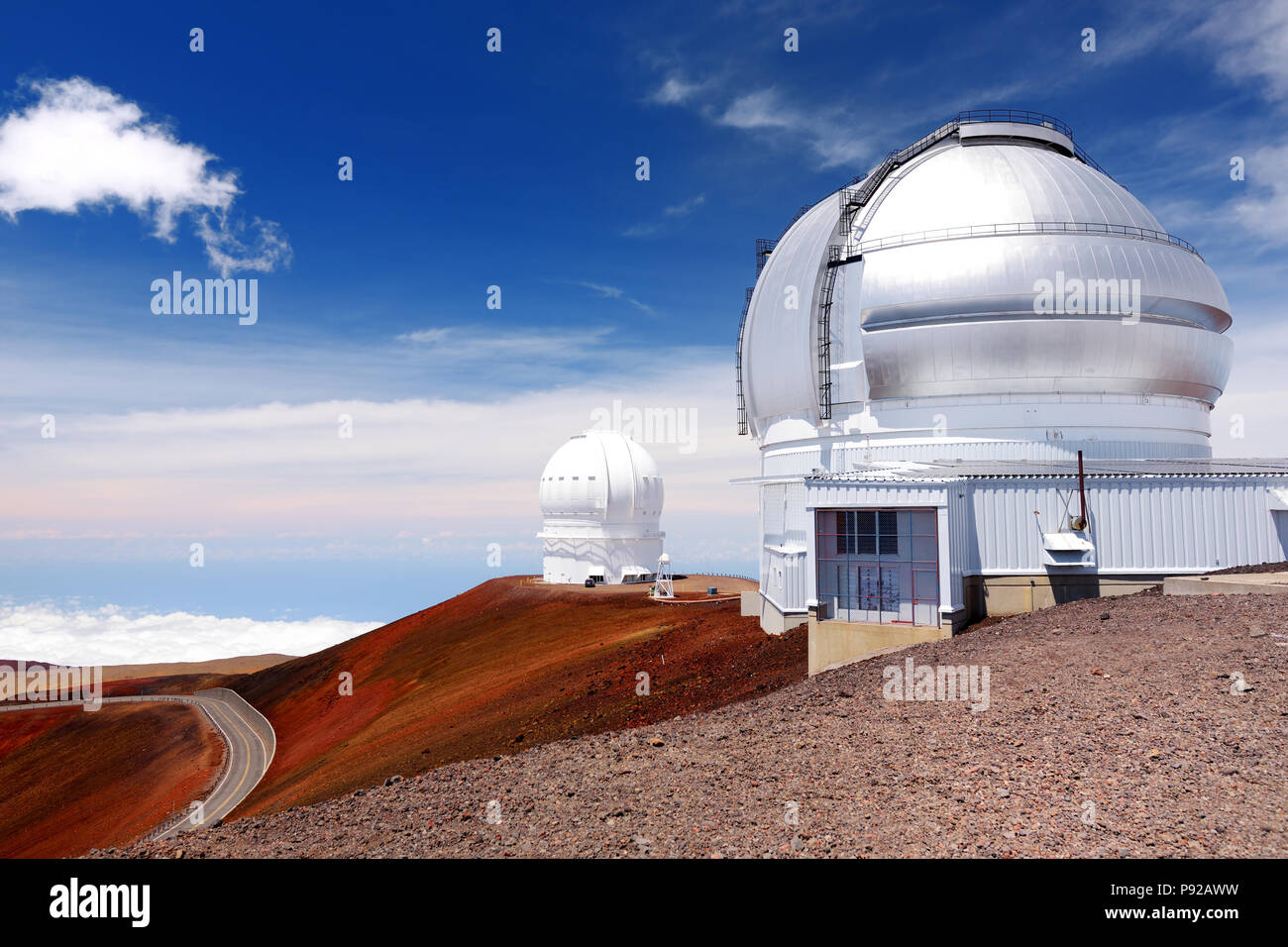 Observatories on top of Mauna Kea mountain peak. Astronomical research