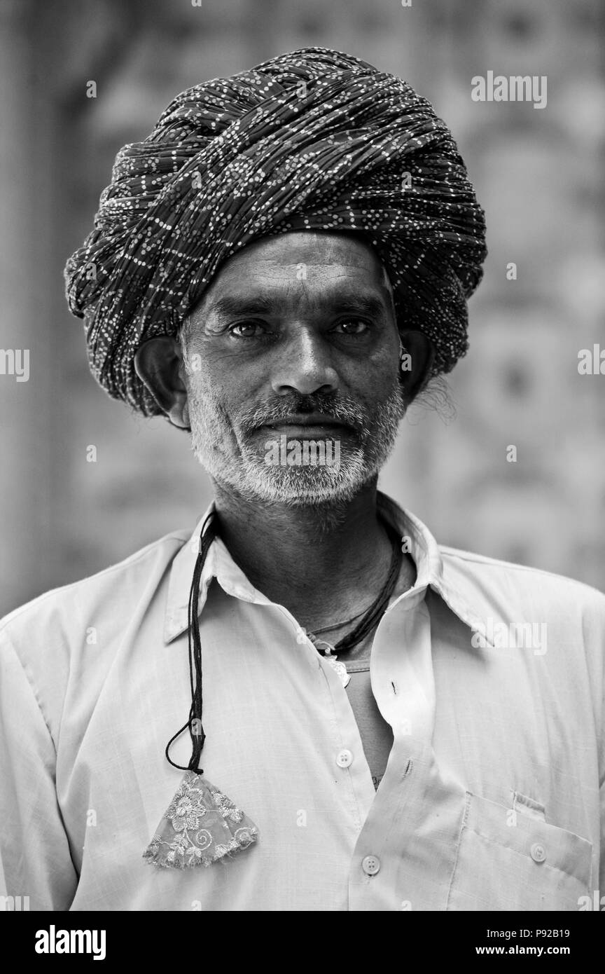 A traditionally turbaned RAJASTHANI MAN in MEHERANGARH FORT - JODHPUR, RAJASTHAN, INDIA Stock Photo