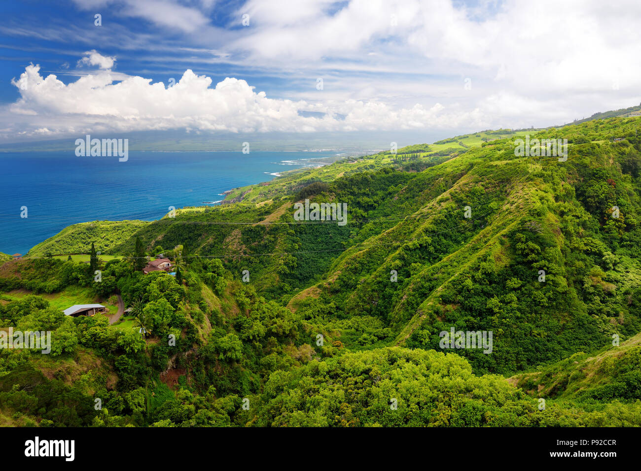 Stunning landscape view seen from Waihee Ridge Trail, overlooking Kahului and Haleakala, Maui, Hawaii, USA Stock Photo