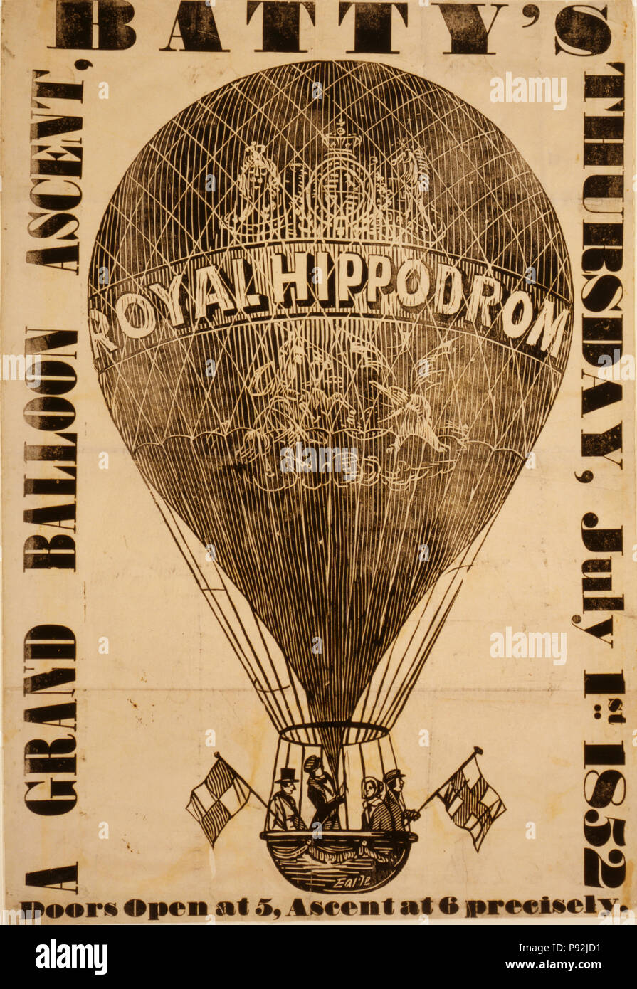 oster shows three men and a woman holding flags while sitting in the basket of an ascending balloon labeled 'Royal Hippodrom[e]' to advertise a public ascent at Batty's Grand National Hippodrome in London, England. 1850s Stock Photo