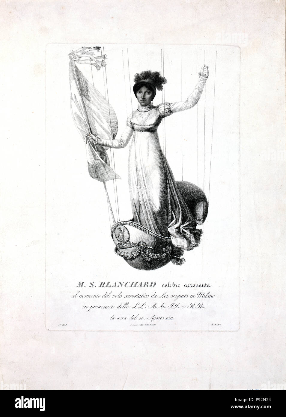portrait of French balloonist Marie-Madeleine-Sophie Armand Blanchard, standing in the decorated basket of her balloon during her flight in Milan, Italy, in 1811 Stock Photo