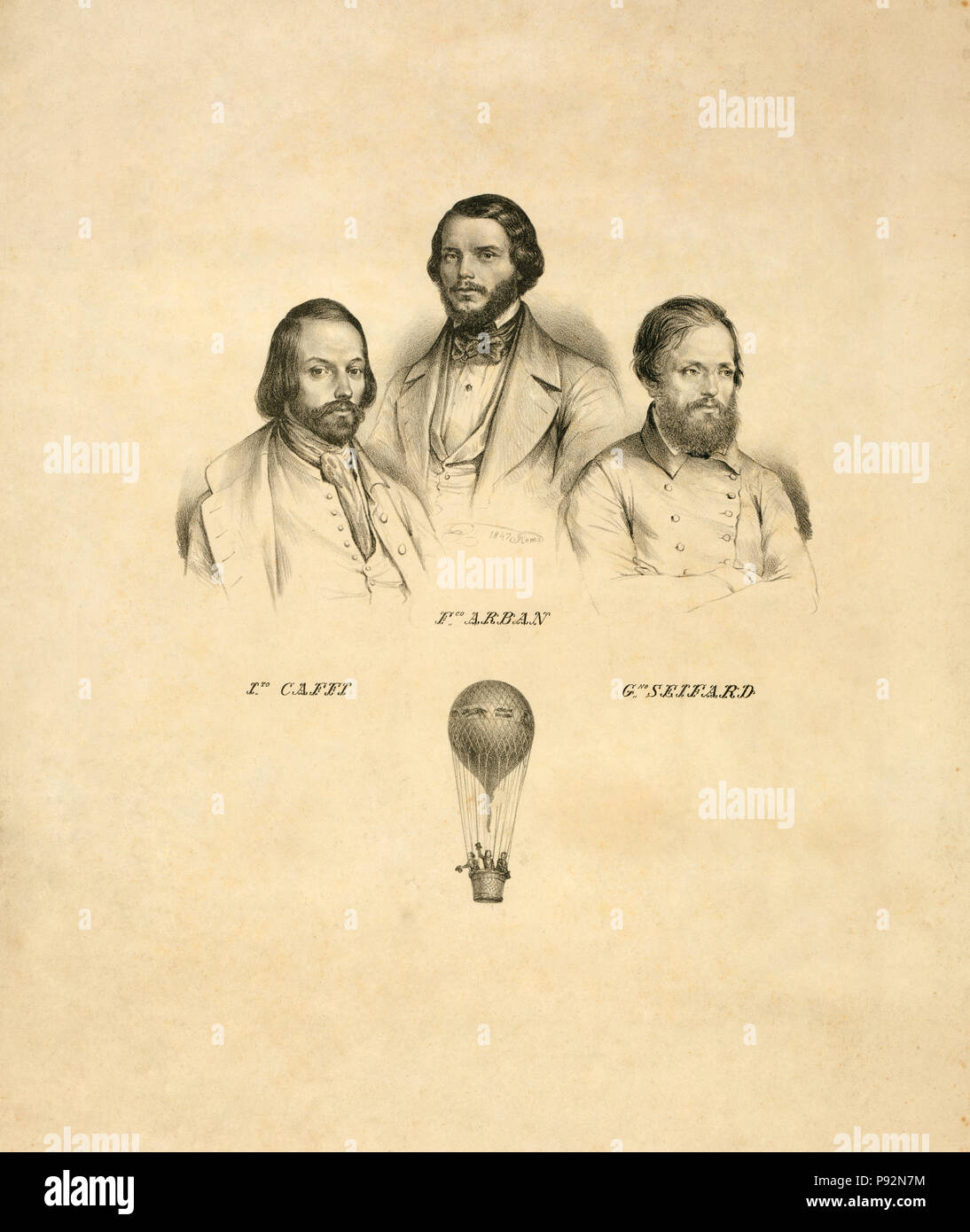 Portraits of three balloonists Ippolito Caffi, Francesco Arban, and G. Seiffard, with a small view of them in an ascending balloon 1847 Stock Photo