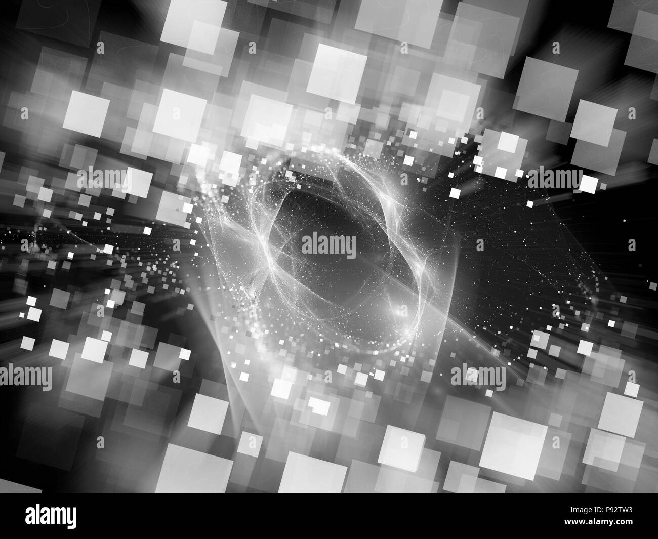 Glowing lines in space with technology squares , black and white ...