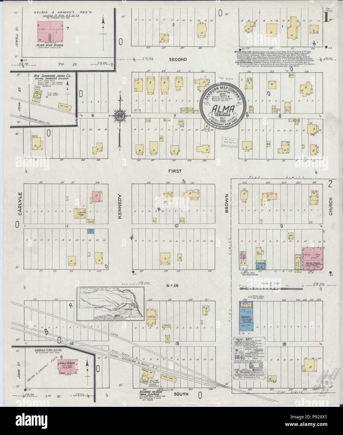 490 Sanborn Fire Insurance Map from Alma, Harlan County, Nebraska. LOC sanborn05136 003-1 Stock Photo