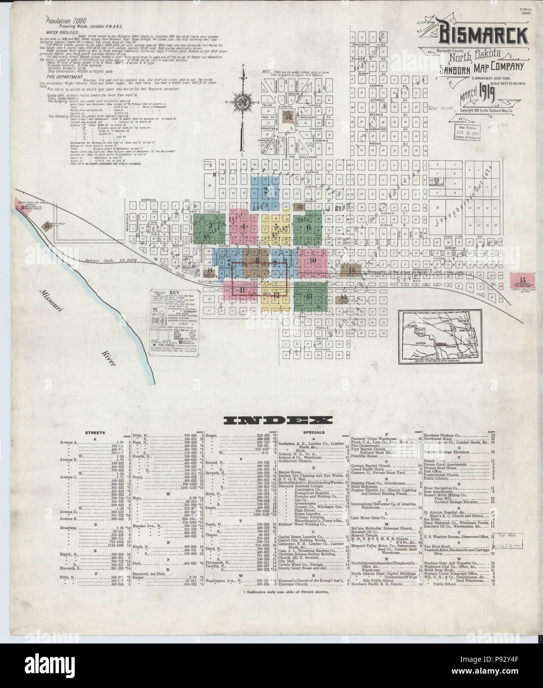 492 Sanborn Fire Insurance Map from Bismarck, Burleigh County, North Dakota. LOC sanborn06524 007-1 Stock Photo
