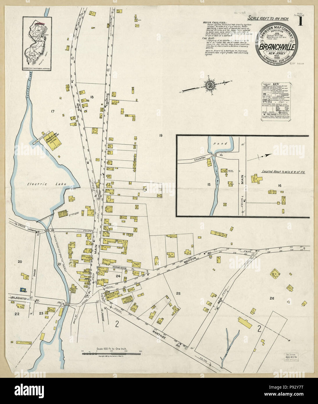 493 Sanborn Fire Insurance Map from Branchville, Sussex County, New Jersey. LOC sanborn05428 001-1 Stock Photo