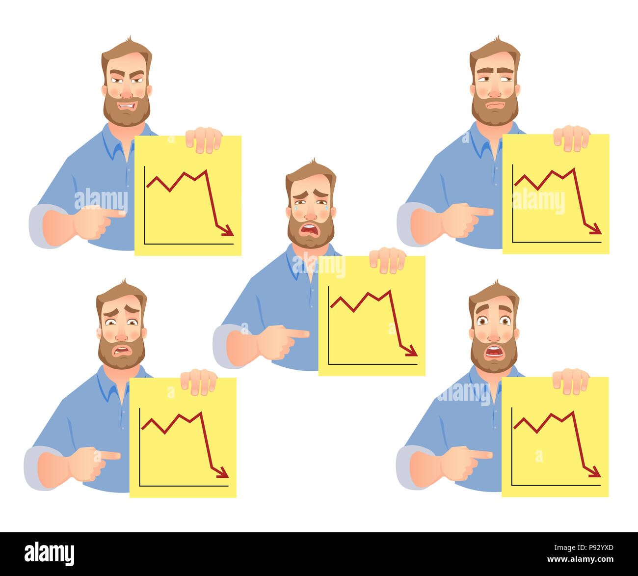 Man holding graphs. Businessman points to graph. illustration set Stock ...