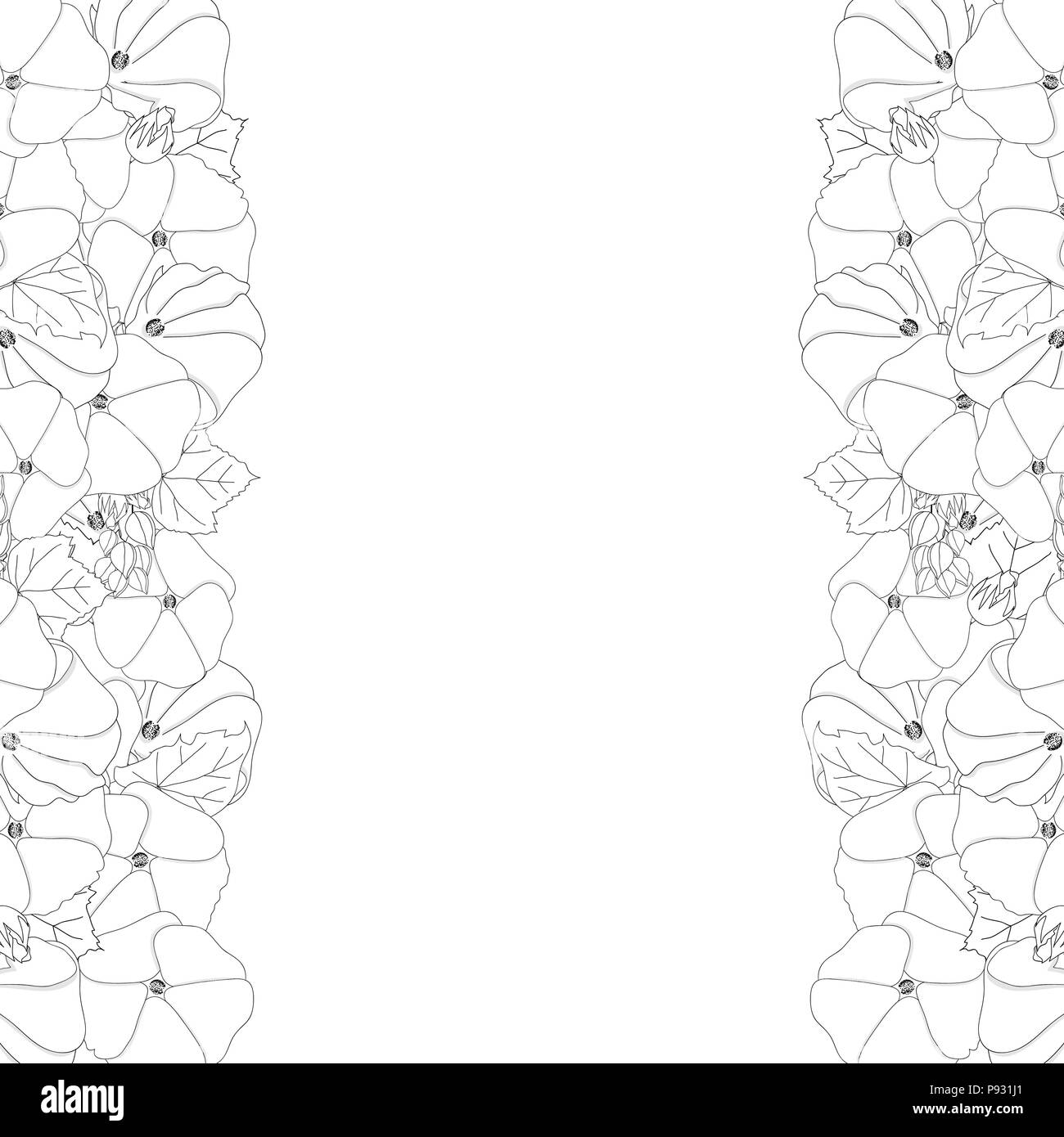 Alcea Rosea Outline Border - hollyhocks, Aoi in the mallow family Malvaceae. isolated on White Background. Vector Illustration. Stock Vector