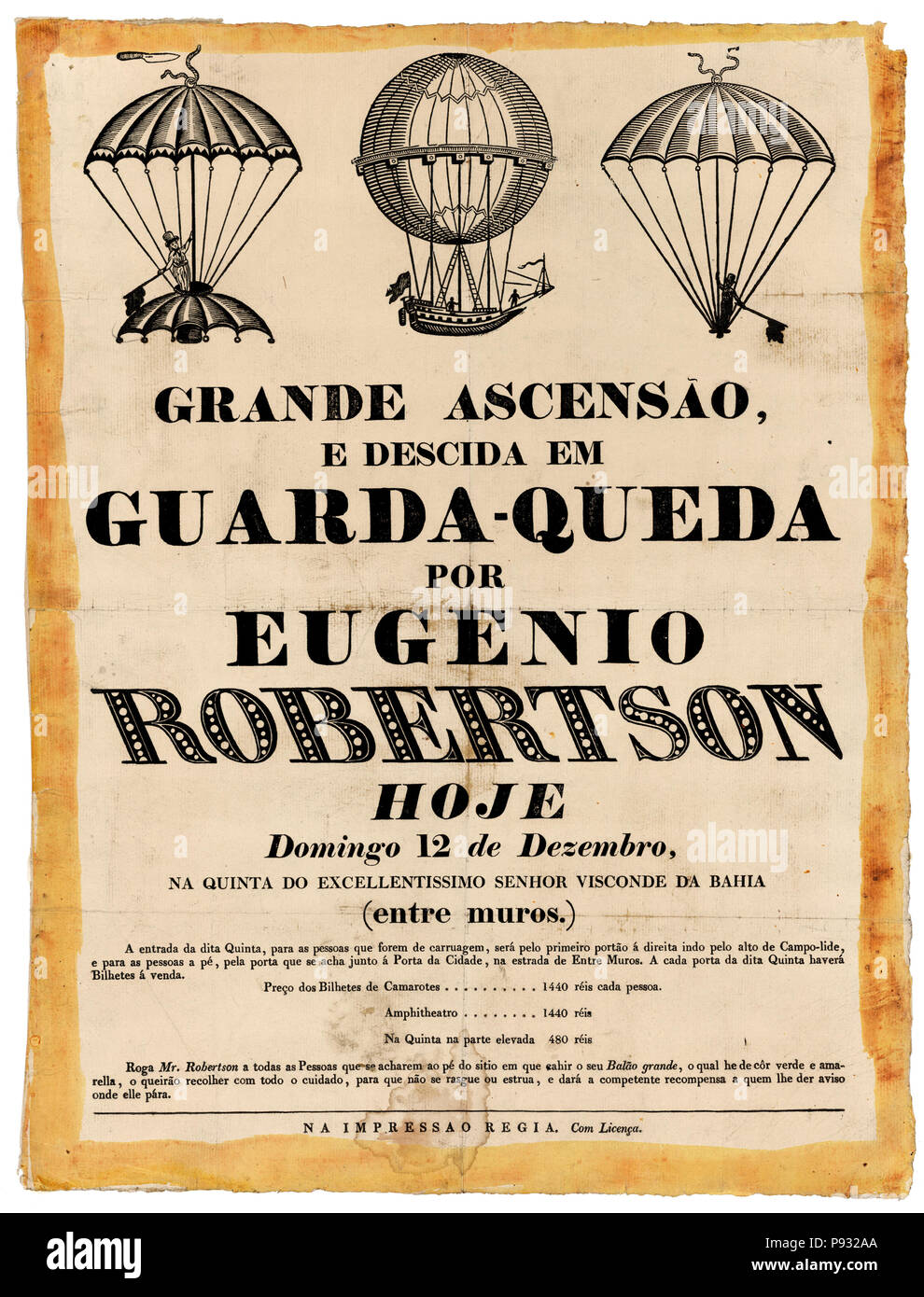 Portuguese Broadside Announcing An Ascension By Balloonist Eugene Robertson Includes Pictures Of A Balloon And Parachutes Stock Photo Alamy