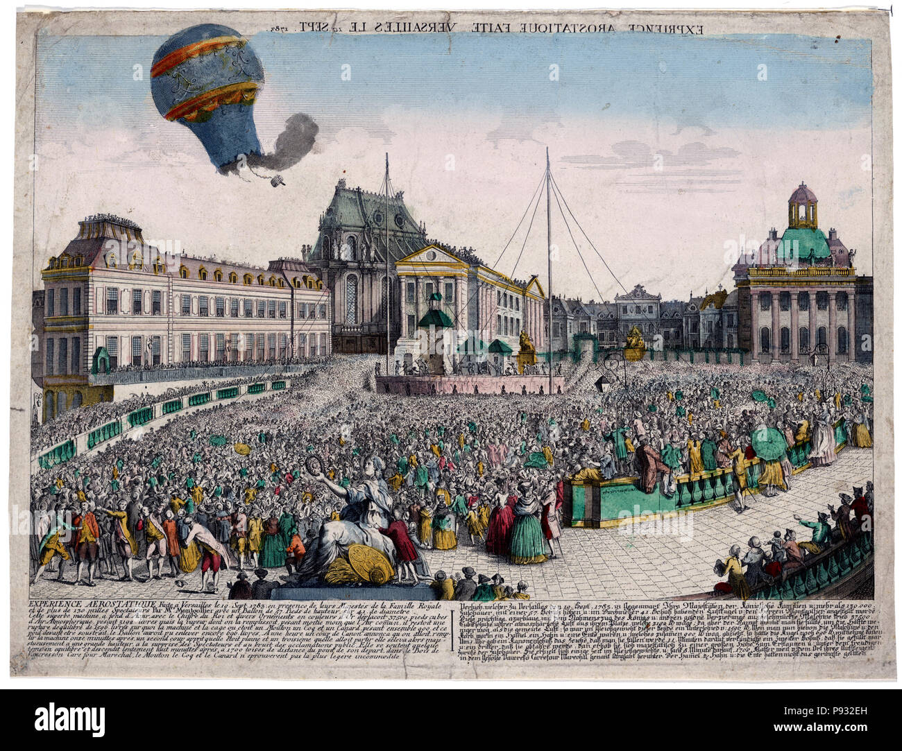 Vue d'optique shows the balloon launched by the Montgolfier brothers ascending from the Palace of Versailles, France, before the royal family, September 19, 1783. Stock Photo