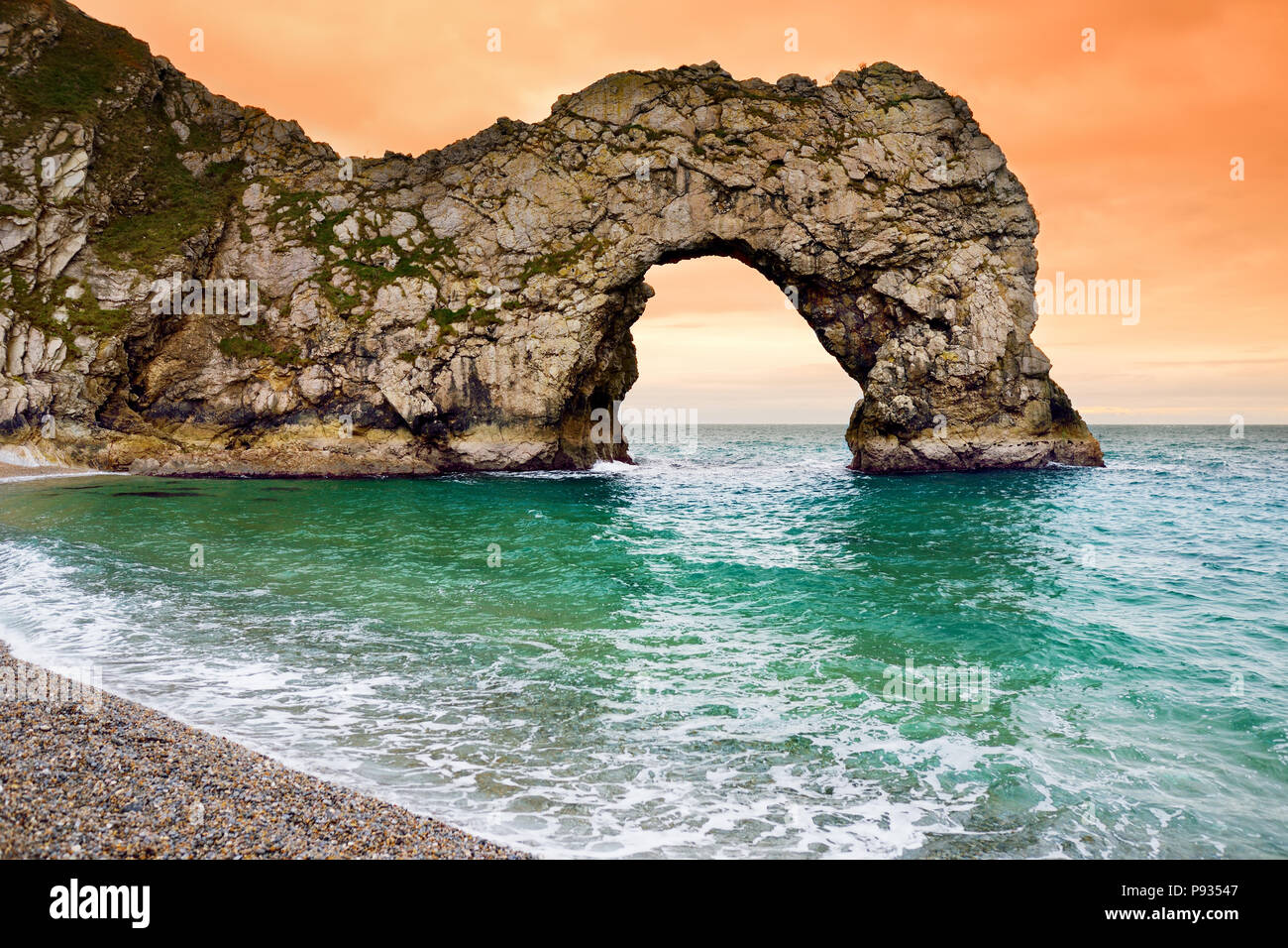 Durdle Door, world famous geological wonder, a natural limestone arch on the Jurassic Coast near Lulworth in Dorset, England. Stock Photo