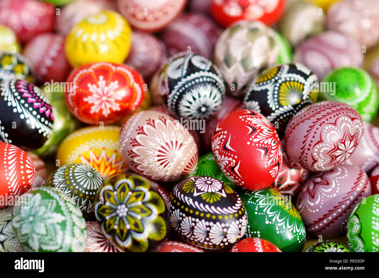 Colorful handmade wooden Easter eggs sold in annual traditional crafts