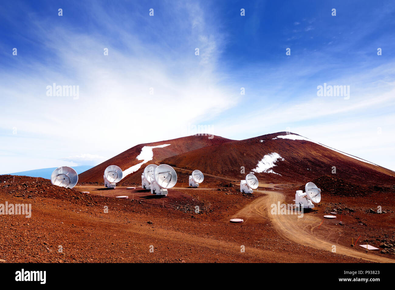 Observatories on top of Mauna Kea mountain peak. Astronomical research