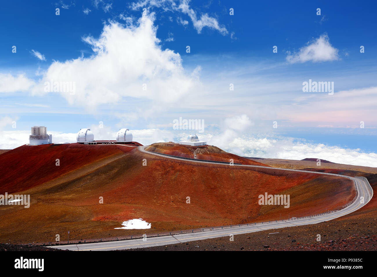 Observatories on top of Mauna Kea mountain peak. Astronomical research