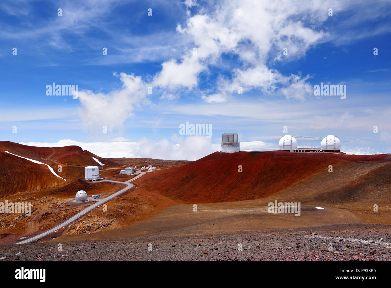 Observatories on top of Mauna Kea mountain peak. Astronomical research
