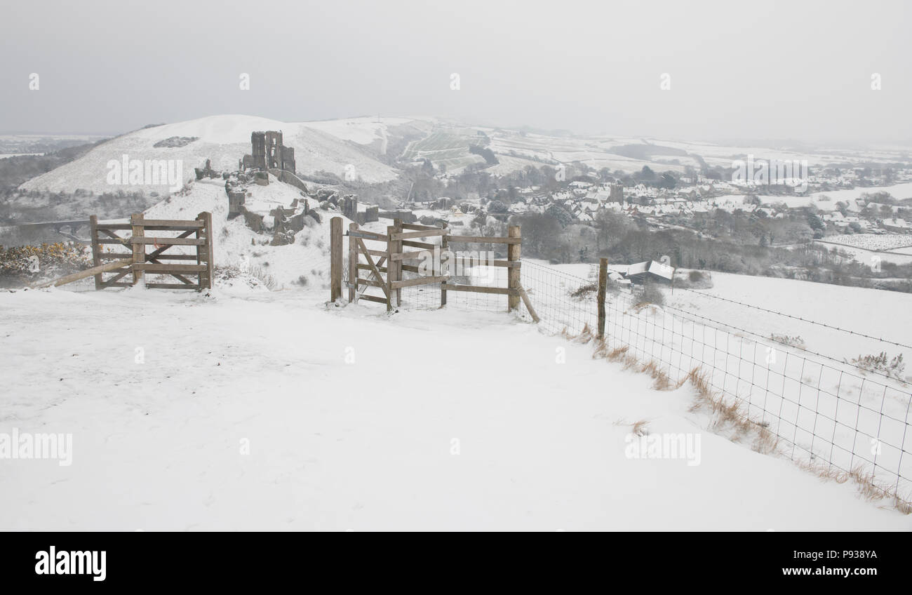 Corfe Castle in the Snow. Stock Photo