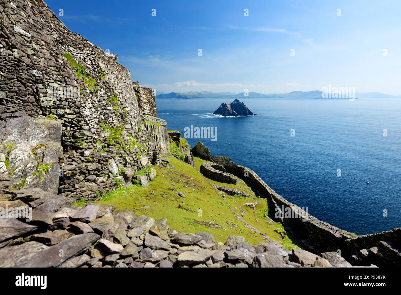 Skellig Michael or Great Skellig, home to the ruined remains of a Christian monastery. Inhabited by variety of seabirds, including gannets and puffins Stock Photo