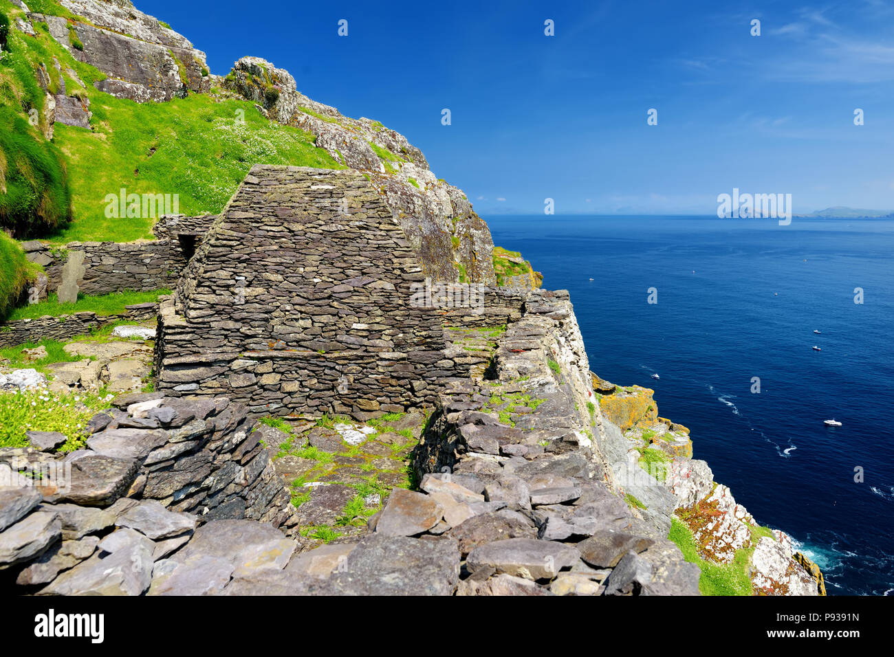 Skellig Michael or Great Skellig, home to the ruined remains of a Christian monastery. Inhabited by variety of seabirds, including gannets and puffins Stock Photo