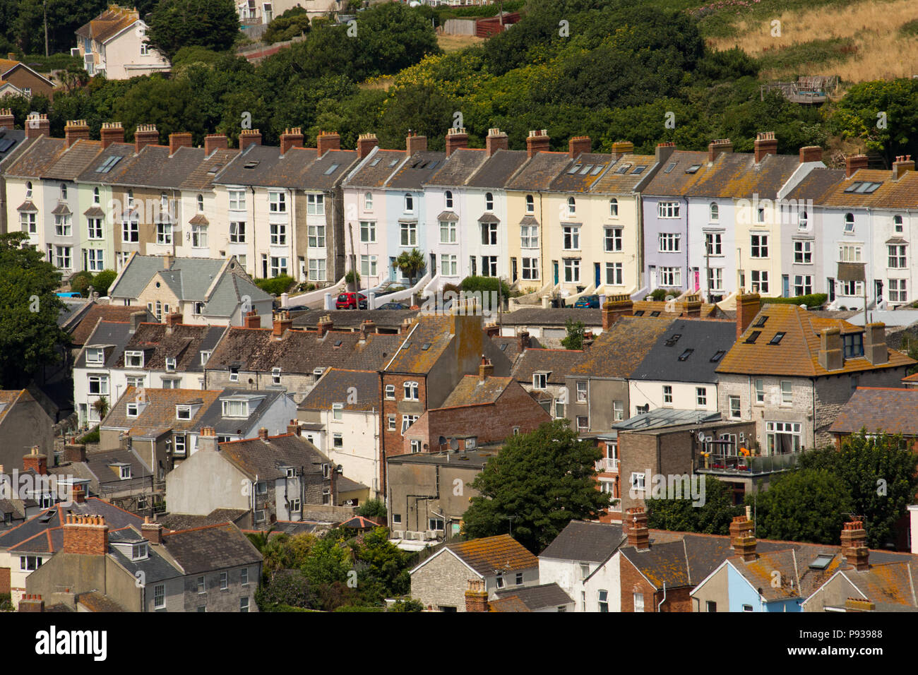 Houses in the village of Fortuneswell viewed from the cliffs on the Isle of Portland. Dorset