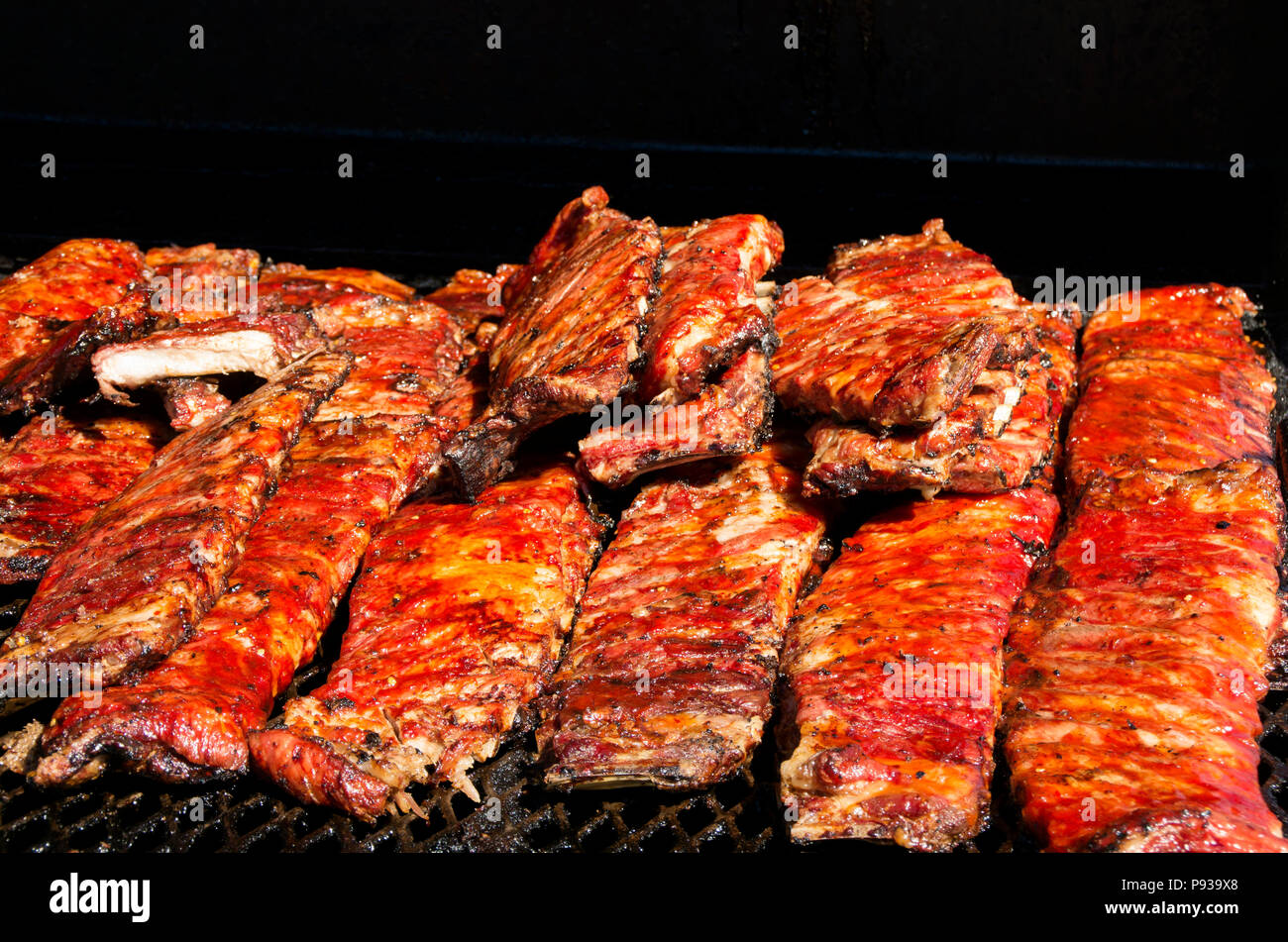 Bar-B-Que ribs on the grill for sale at a craft fair in North Myrtle Beach South Carolina Stock Photo