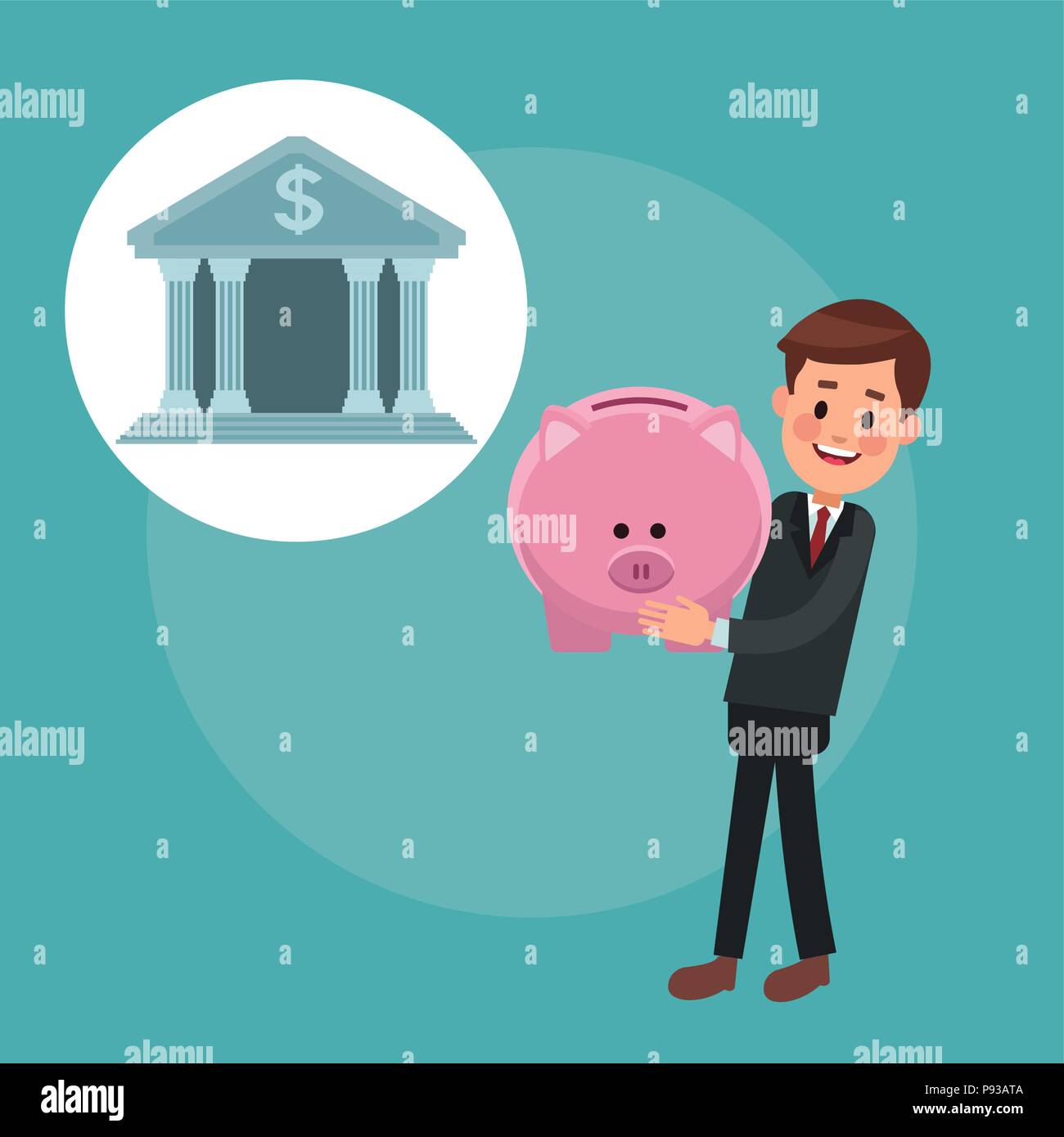 Businessman holding piggy with bank building icon vector illustration ...
