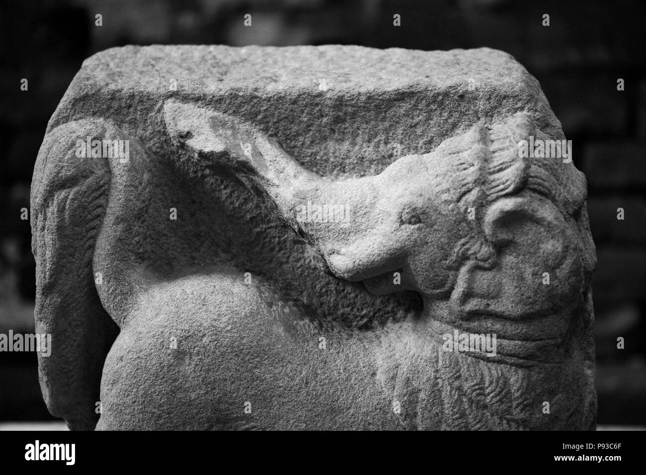 Ancient CHAM sculpture of the EMBEKKE, half elephant and half lion inside the museum at the MY SON RUINS - CENTRAL VIETNAM Stock Photo