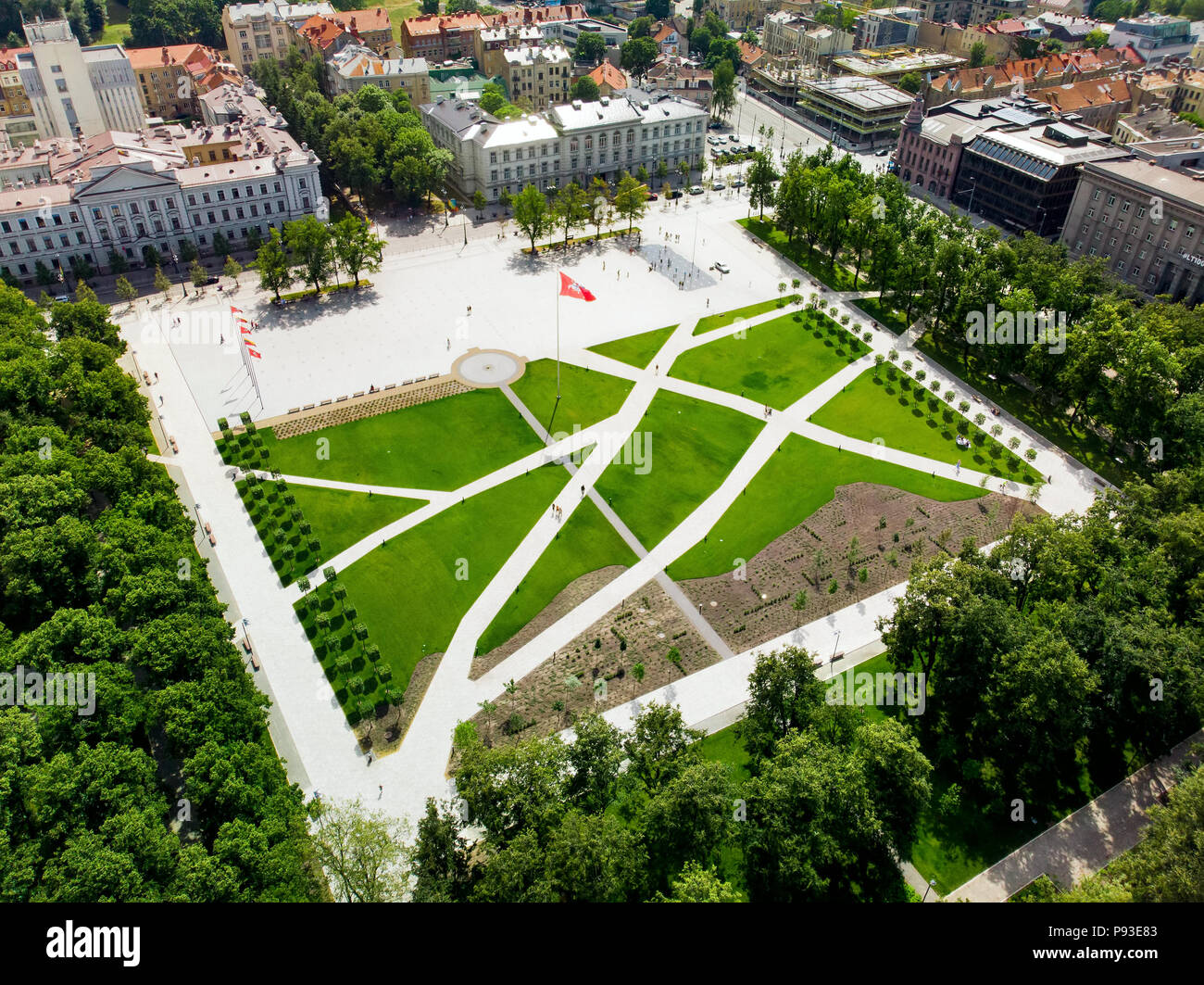 Aerial view of newly renovated Lukiskes square, Vilnius. Sunset landscape of UNESCO-inscribed Old Town of Vilnius, the heartland of the city, Lithuani Stock Photo