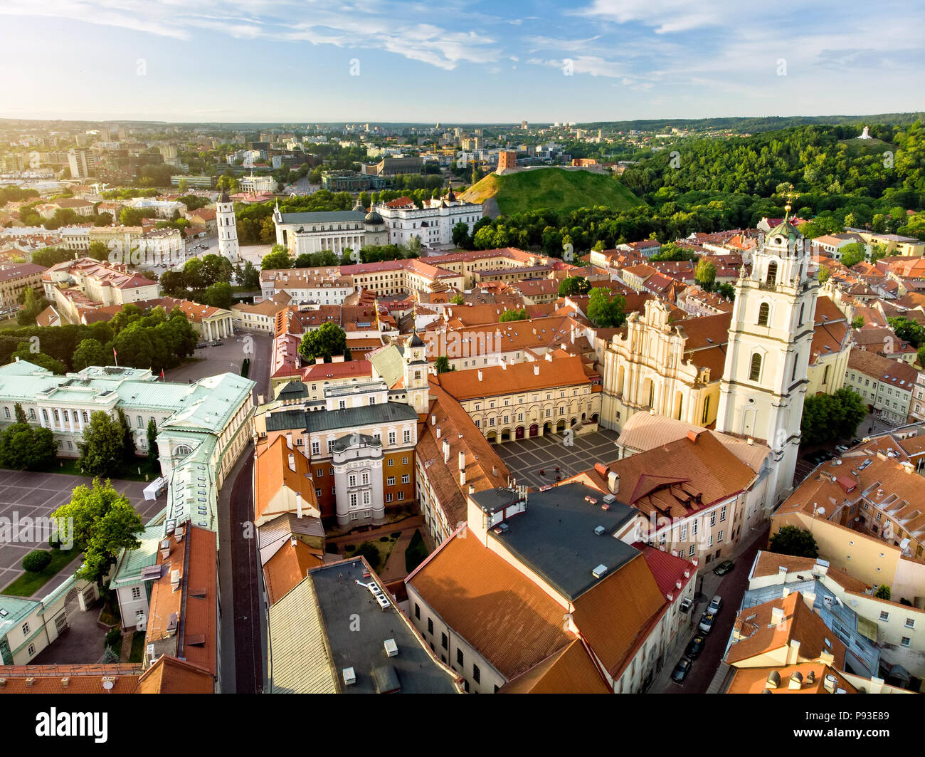 Aerial view of Vilnius Old Town, one of the largest surviving medieval old towns in Northern Europe. Sunset landscape of UNESCO-inscribed Old Town of Stock Photo