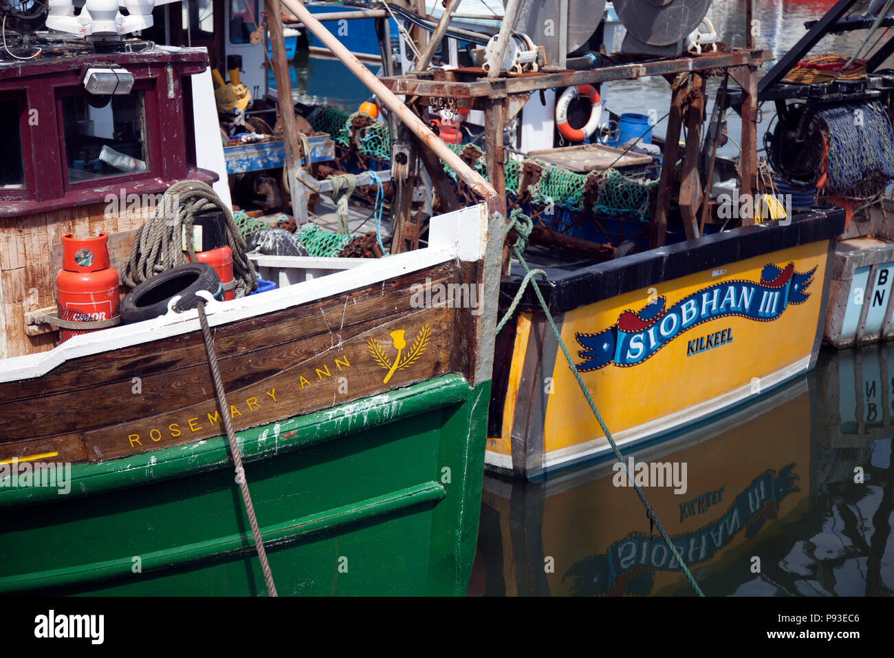 Rosemary Ann and Siobhan III, fishing trawlers in Kilkeel Harbour, County Down Stock Photo