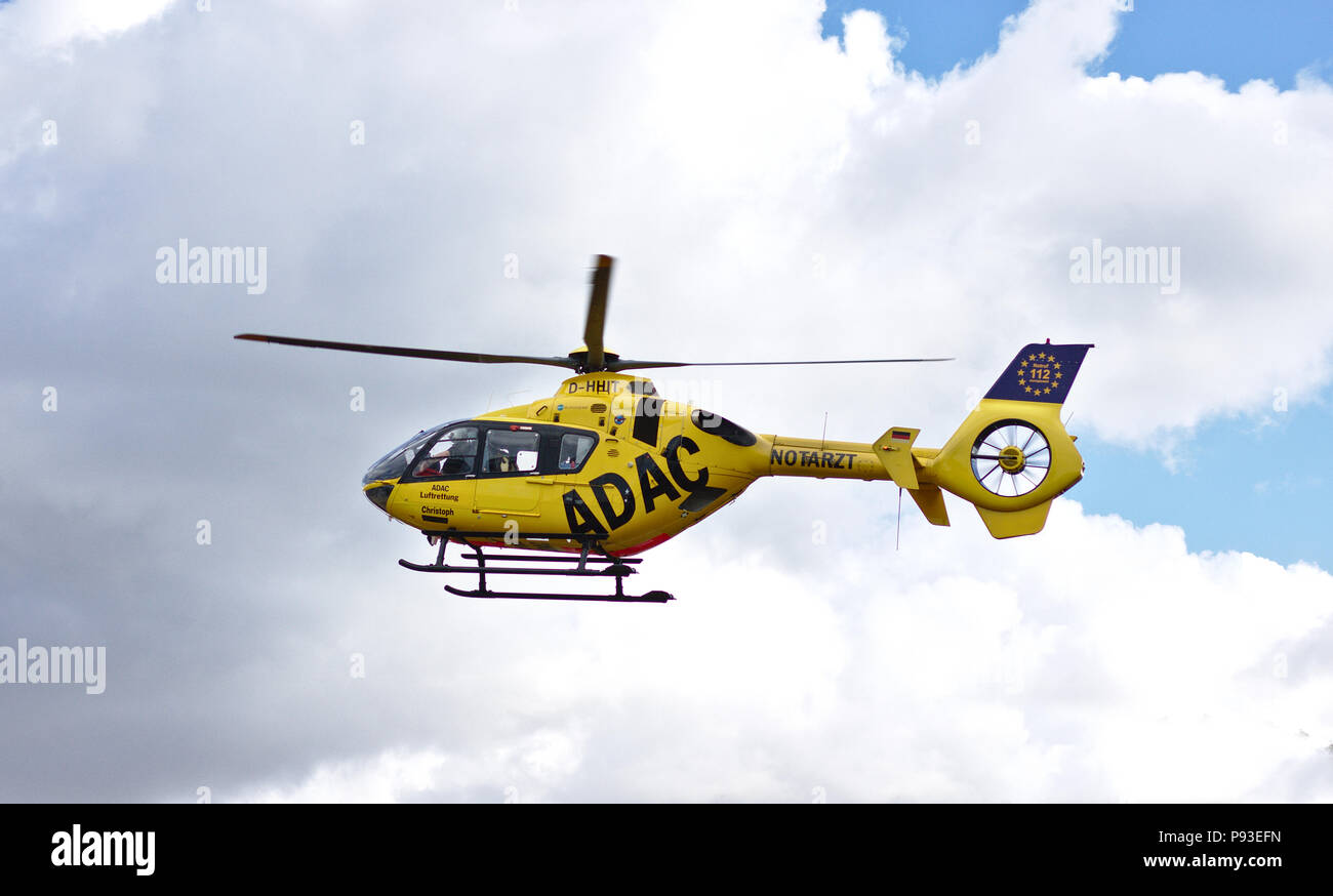 Bremen, Germany - July 10th, 2018 - Emergency rescue helicopter in flight Stock Photo